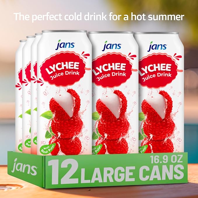 Lychee Juice Drink with Pulp 16.9 oz (Bulk Pack of 12) by Jans — Fat-Free Cholesterol-Free Refreshing Taste of the Tropics