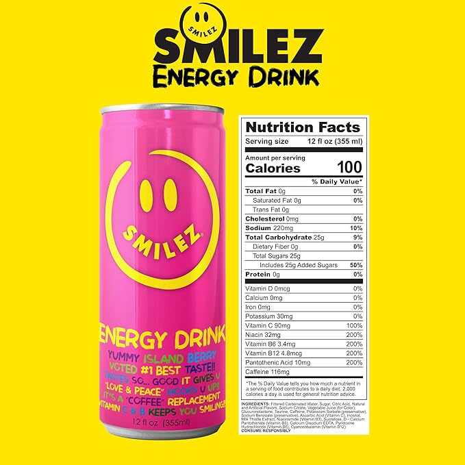 Smilez Energy Drink Island Berry 12 Fl Oz Cans (Pack of 12)