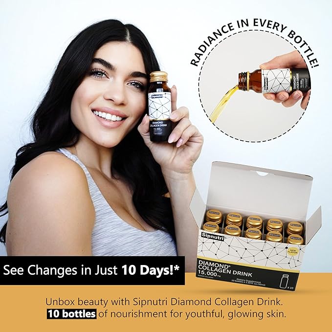 Diamond Marine Collagen Drink for Women and Men 15000mg Hydrolyzed Collagen Peptides with Vitamin C Pomegranate Healthy Hair Skin Nails Joints Bones Support 50 ml x 10 Bottles