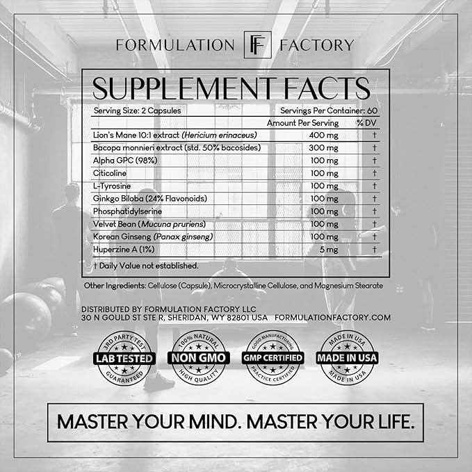 Formulation Factory BOSS Mode 10-in-1 Nootropic Cognitive Enhancement Supplement Focus &amp Memory Booster Featuring Lion’s Mane Bacopa Monnieri Alpha-GPC Ginseng &amp More 240 Capsules (2 Pack