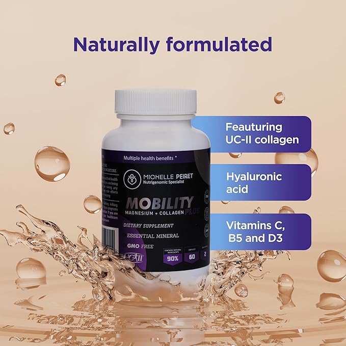Mobility - Magnesium + Collagen Supplement with Hyaluronic Acid &amp Vitamin C | Supports Bones Joints &amp Muscles | Gluten-Free &amp Non-GMO | 60 Capsules for Men &amp Women