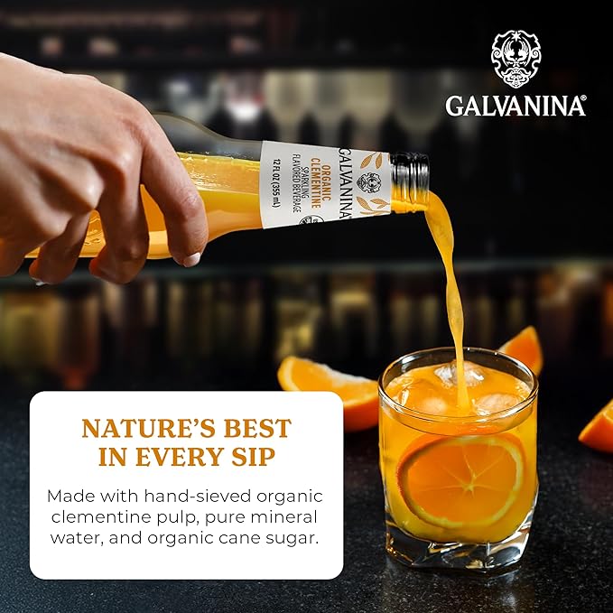 Galvanina Clementine – Premium Organic Italian Sparkling Soda 12 fl oz (12 Glass Bottles) | Made with Organic Southern-Italian Clementines Refreshing Soft Drink.