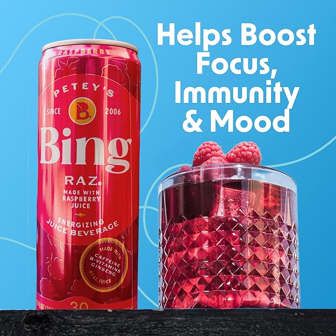 BING RAZ Energizing Juice Beverage – Raspberry (12oz/24pk) – Made with REAL Juice! Only 1g added Sugar Low Calorie 5 B-Vitamins &amp Ginseng 100mg Caffeine Vegan Gluten + Dairy Free. DELICIOUS
