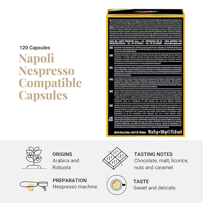 Caffè Vergnano Napoli Espresso Capsules – Original Line Compatible Pods – Medium Roast Arabica Robusta Blend Intensity 10/10 – Italian Single-Serve Coffee With Dark Chocolate Spiced Notes – 120 Count