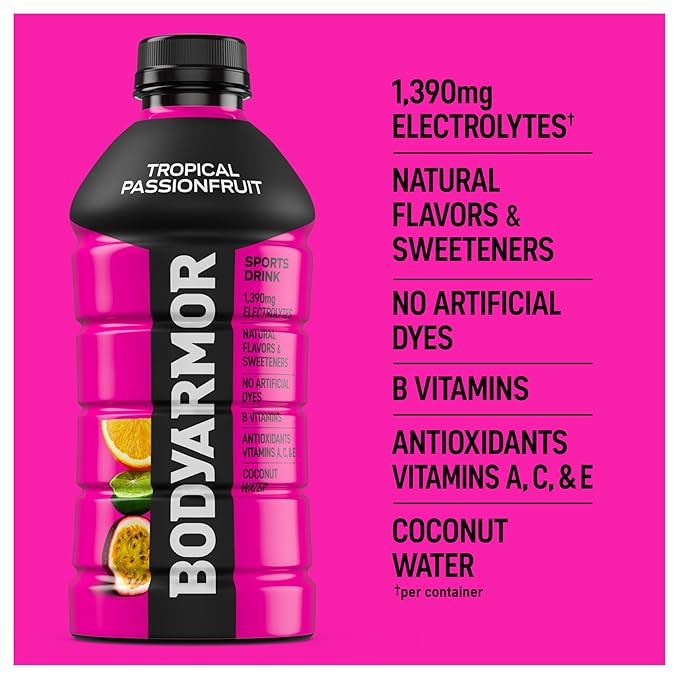 BODYARMOR Sports Drink Tropical Passionfruit Electrolyte Drink Hydration 28 Fl Oz Bottles (15 Pack) Flavored Coconut Water with B Vitamins &amp Antioxidants