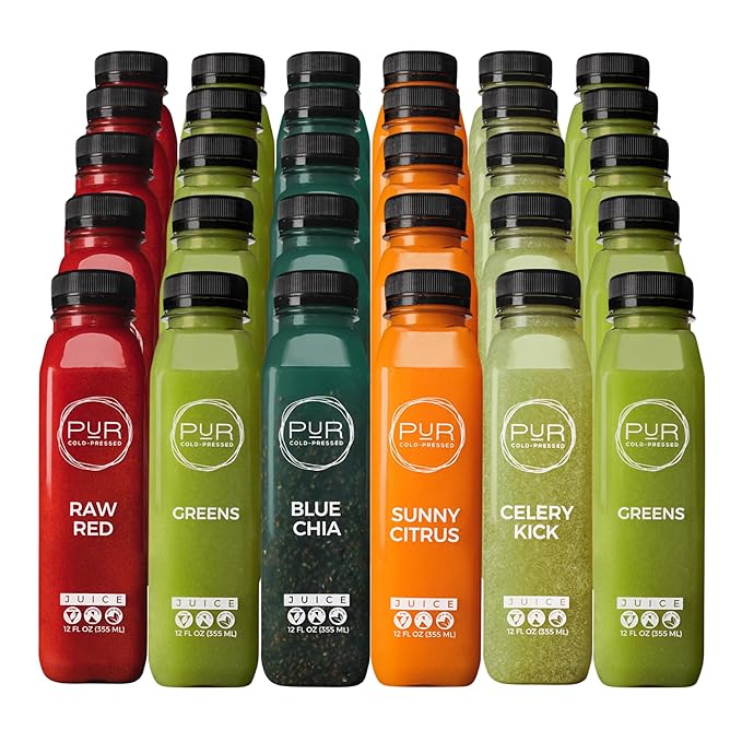 PUR Cold-Pressed Juice – 5-Day Signature Juice Cleanse – Natural Reset Supports Wellness Digestion &amp Energy – Greens Celery Kick Blue Chia Sunny Citrus &amp Raw Red – 30 Bottles