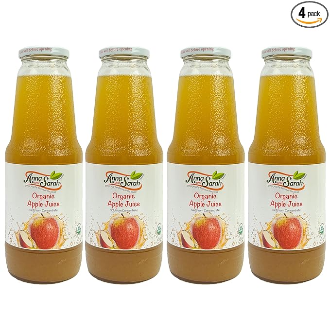 Anna and Sarah 33.8 Oz Organic Apple Juice - USDA Organic Certified - Glass Bottle (4 Pack) No Sugar No Artificial Colors No Preservatives No Flavors AddedNOT from Concentrate