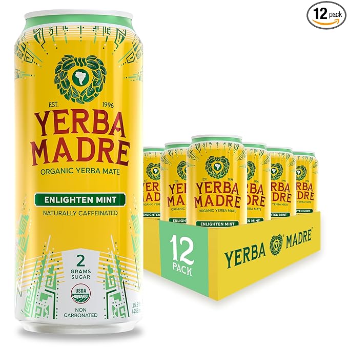 Yerba Madre Organic Yerba Mate Energy Drink Alternative Lower-Sugar Enlighten Mint 150mg Plant Based Caffeine Smooth Energy &amp Focus No Jitters or Crash 15.5oz Cans (Pack of 12)