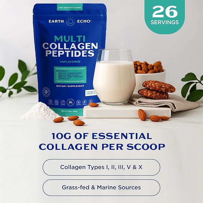 Earth Echo Multi Collagen Peptides Powder - Unflavored Hydrolyzed Collagen with Vitamin C &amp Hyaluronic Acid for Skin Joints Gut &amp Immunity - Non-GMO Dairy-Free Keto-Friendly - 26 Servings