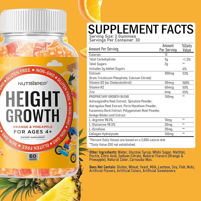 Teens Height Growth Supplement Gummies - Kids Grow Taller Natural Height Increaser Multivitamin - with Calcium Vitamin D3 K2 Zinc L-Arginine L-Glutamine L-Ornithine for Boys Girls