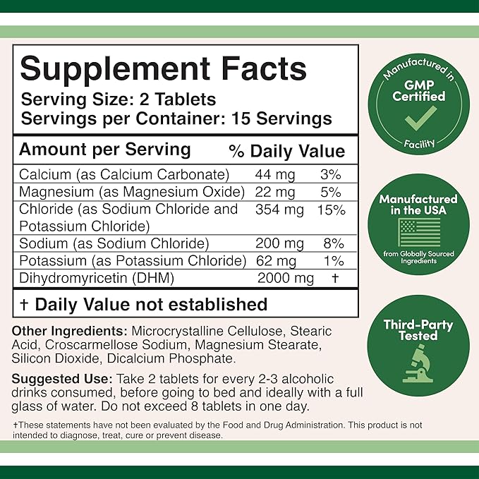DHM1000 Dihydromyricetin (DHM) Tablets - Most Powerful DHM Supplement on The Market - 1000mg (30 Count) Enhanced with Electrolytes for Hydration and Liver Support by Double Wood (Pack of 2)