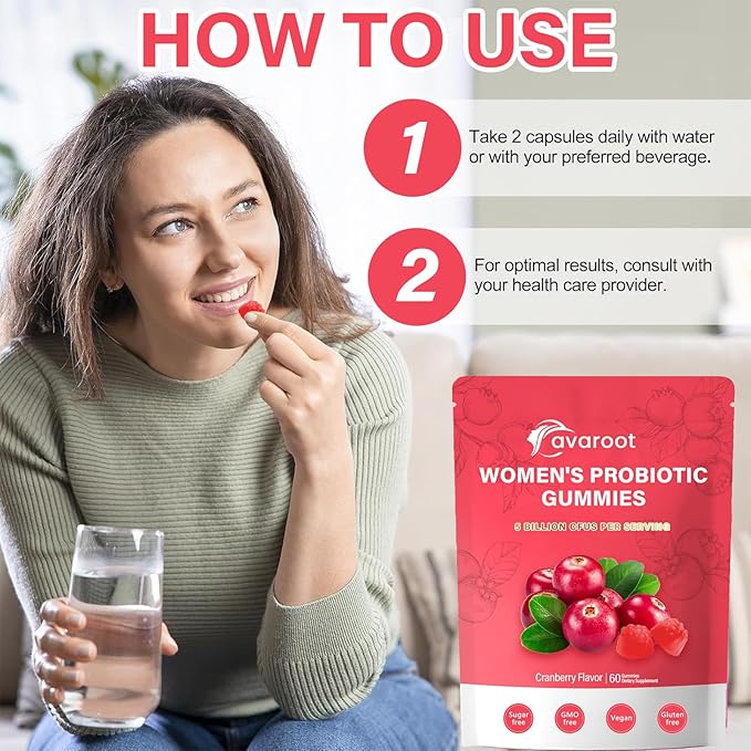 avaroot Women's Vaginal Probiotics Women's Balanced pH Gummies Healthy Smell Yeast Balance and Flora + Vitamin C Immune Support - Cranberry Flavor (1pc)