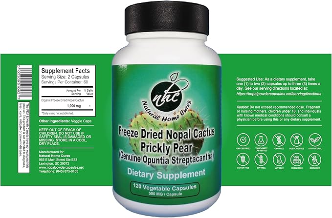 Nopal Cactus Capsules - Freeze Dried Prickly Pear Extract - Fiber Supplement for Metabolic Health Support - Rich in Betalains &amp Nitrates - Non-GMO - 120 Veggie Caps (1 Bottle)