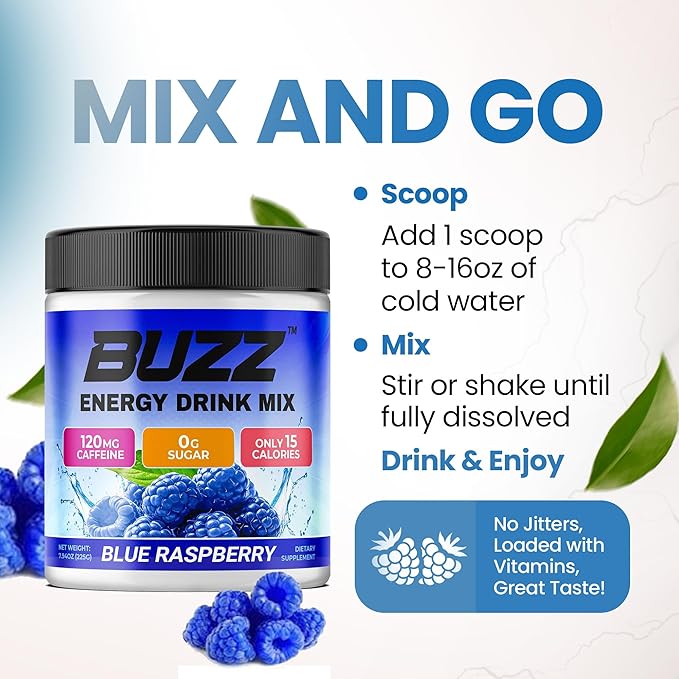Morning Buzz Energy Drink Powder - Energy Boost Drink Mix - Sugar-Free Energy with Antioxidants - Morning Kickstart and Sports Nutrition Endurance Product - 30 Servings Blue Raspberry 8 Ounces