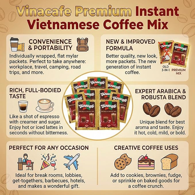 Vinacafe Premium 3 in 1 Instant Coffee Mix New &amp Improved Version Unique Blend of Both Arabica &amp Robusta Coffee Beans 72 Count Packets (3 Bags)