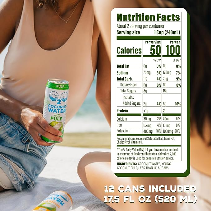 C2O - Coconut Water with Pulp (12 Pack) - Made with Fresh Coconut Water - Plant Based - Non GMO - Canned Water - Natural Hydration Essential Electrolytes &amp Potassium - 12 Cans 17.5 FL OZ