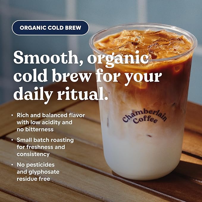 Chamberlain Coffee Organic Cold Brew Large Coffee Bags Medium Roast - Premeasured Ready to Brew - Makes 4 Cups per Bag - Perfect for Iced Coffee Convenient and Easy Brewing Experience - 8.5 oz