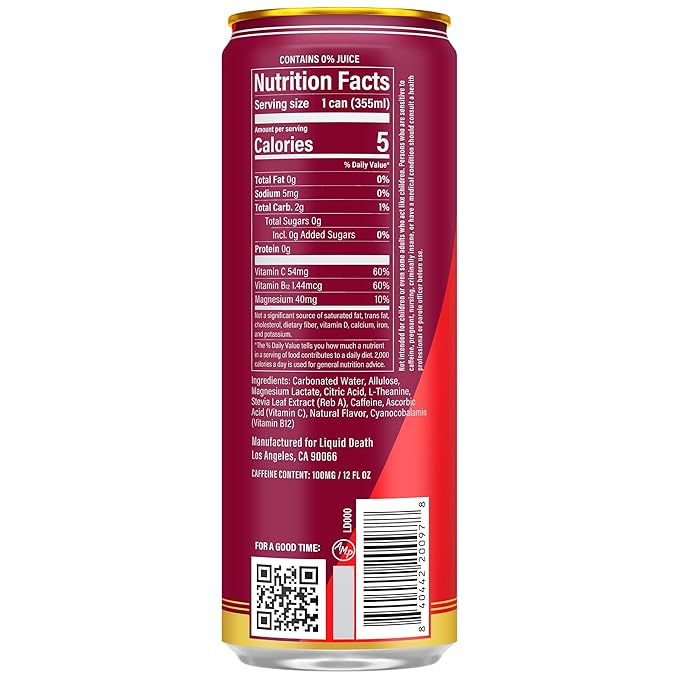 Liquid Death Sparkling Energy - Murder Mystery (Cherry Cream Spice) Zero Sugar Energy Drink Unextreme Caffeine 100mg Essential Vitamins 12 Fl Oz (Pack of 12)