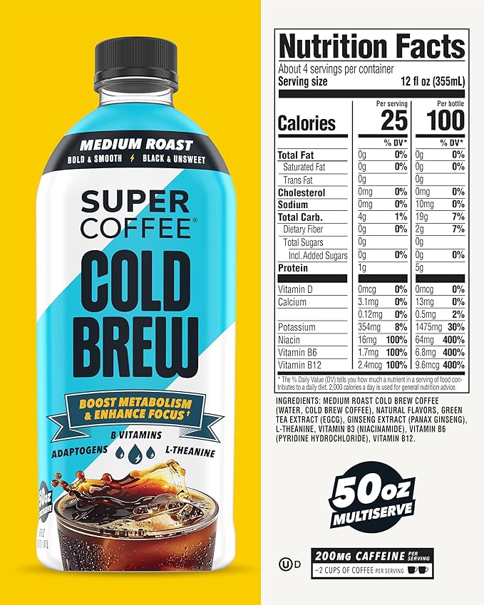 SUPER COFFEE Cold Brew Iced Keto Coffee (0g Added Sugar 25 Calories) 50 Fl Oz 6 Pack | Smart Coffee Drinks - SoyFree GlutenFree (Medium Roast)