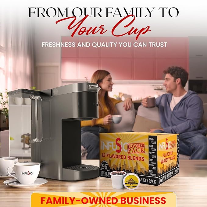 InfuSio Flavored Coffee Pods Variety Pack – 96 Count 12 Gourmet Medium Roast Dessert-Inspired Blends like Bananas Foster &amp Crème Brûlée Compatible with Keurig K-Cup 2.0 Brewers