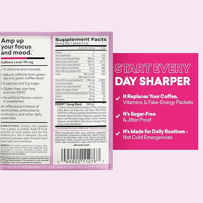 EBOOST Super Powder Drink Mix - Pink Lemonade 0.2 oz 20 Pack Hydration Energizer Electrolytes Powder - 13 Vitamins &amp Minerals - 110 mg Caffeine - 0 Added Sugar - No Artificial Flavors or Sweetener