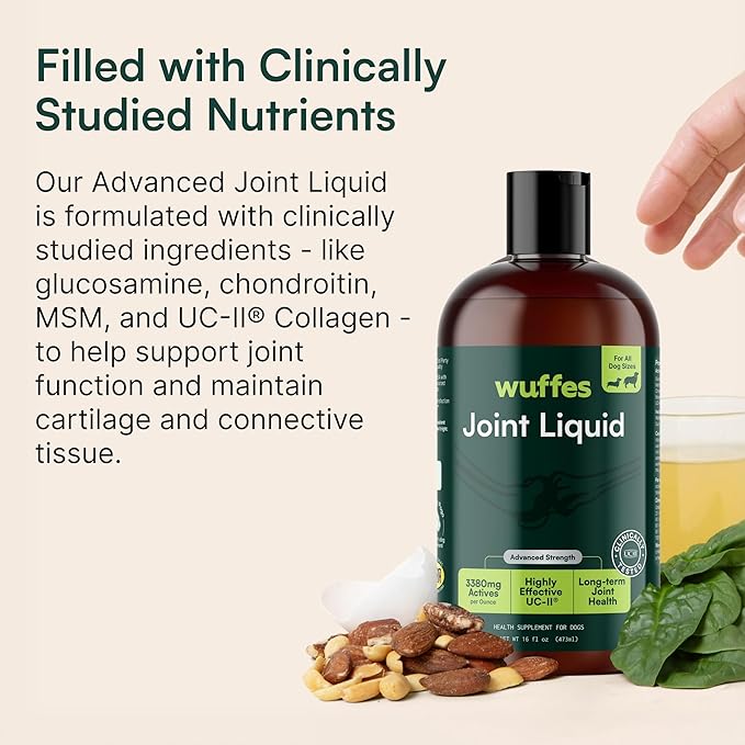 Wuffes Advanced Joint Liquid for Dogs Hip &amp Joint Support Supplement with Glucosamine Chondroitin UC-II® Collagen and MSM for Small &amp Large Breeds 16 Oz