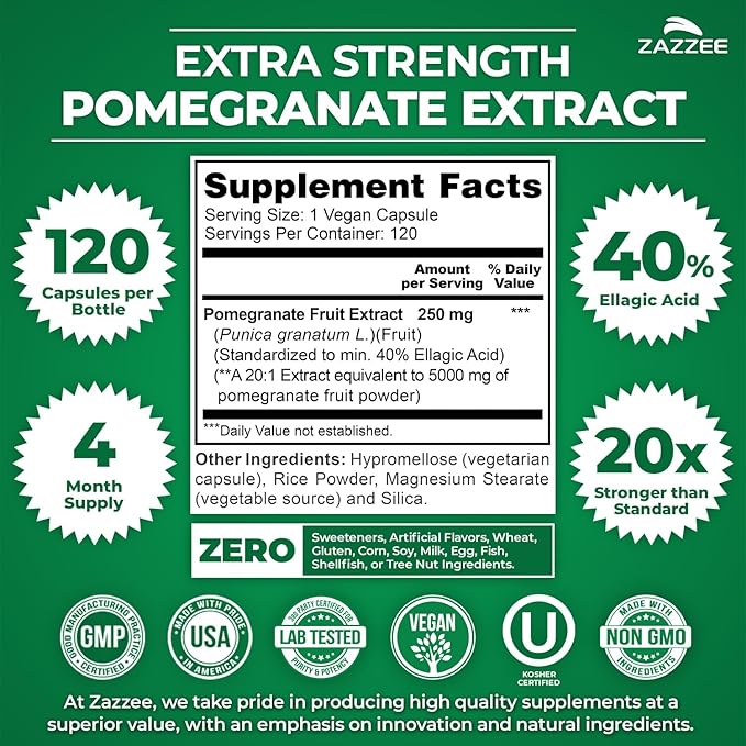Zazzee Extra Strength Pomegranate 20:1 Extract 40% Ellagic Acid 120 Vegan Capsules 4 Month Supply Punica Granatum Antioxidant &amp Cellular Health Support Non-GMO Made in the USA
