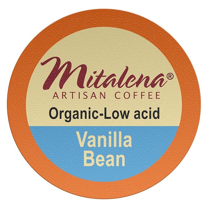 Mitalena Artisan Vanilla Bean Low Acid Coffee Pods for Keurig - Medium Roast K Cups for Acid Reflux Prevention - 96 Organic Coffee &amp Vanilla Flavor Cups