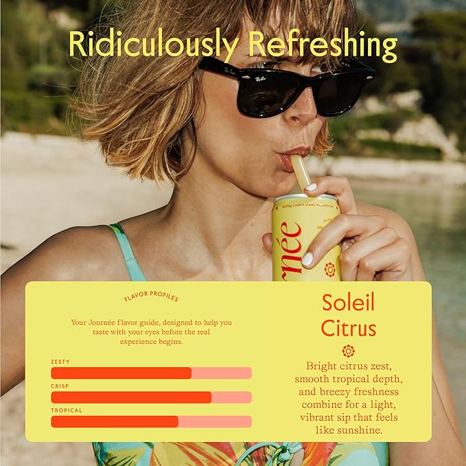 Journée Wellness Energy Drink Natural Caffeine Lion’s Mane L-Theanine 125 mg Caffeine Real Fruit All Natural 0 Added Sugar Cognition Immunity - Soleil Citrus - Tropical Citrus – 12 Pack