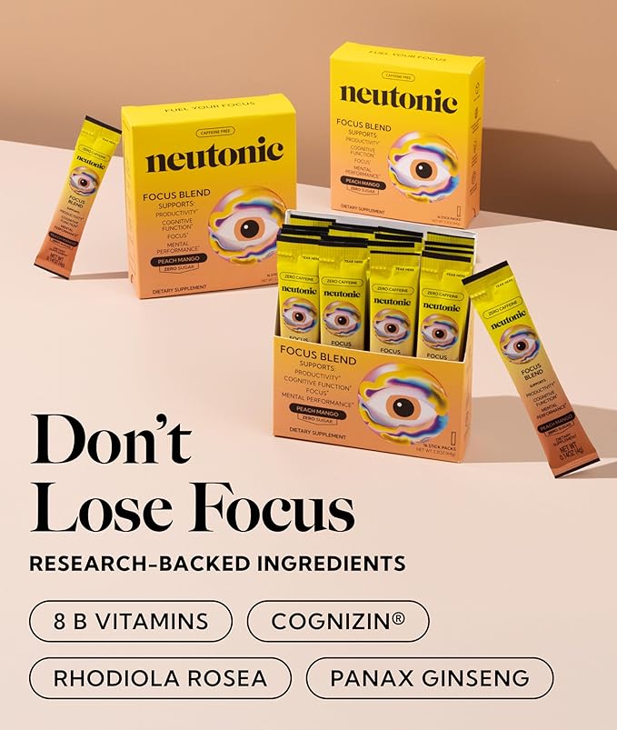 Neutonic Nootropic Focus Blend Powder | Peach Mango 16 Sticks | Caffeine Free Zero Sugar | Support Memory Mental Clarity Cognitive Function | Boost Focus Energy Brain Health