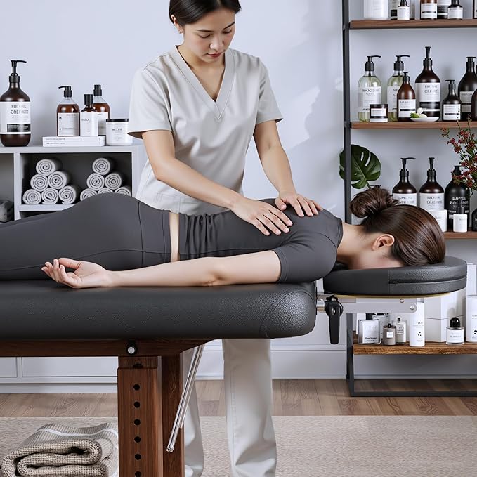 Adjustable Professional Massage Table Wood Stationary Massage Table with Adjustable Height &amp Backrest Eyelash Bed with Large Storage Space C Shape Pillow for Spa Treatment Beauty