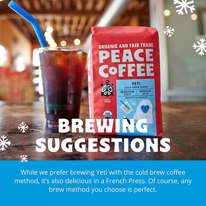 Peace Coffee Yeti Cold Brew Blend | 20 oz Medium Roast Whole Bean | Organic Fair Trade | Smooth Rich Flavor | Shade Grown Fresh Roasted