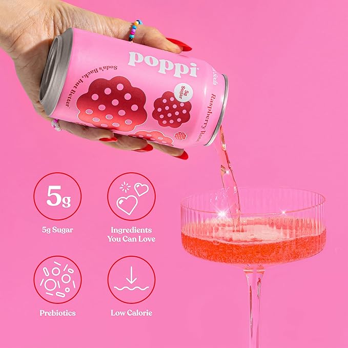Poppi Sparkling Prebiotic Soda Beverage with Apple Cider Vinegar Seltzer Water and Fruit Juice Raspberry Rose Flavor 12 oz Pack of 12 Packaging May Vary