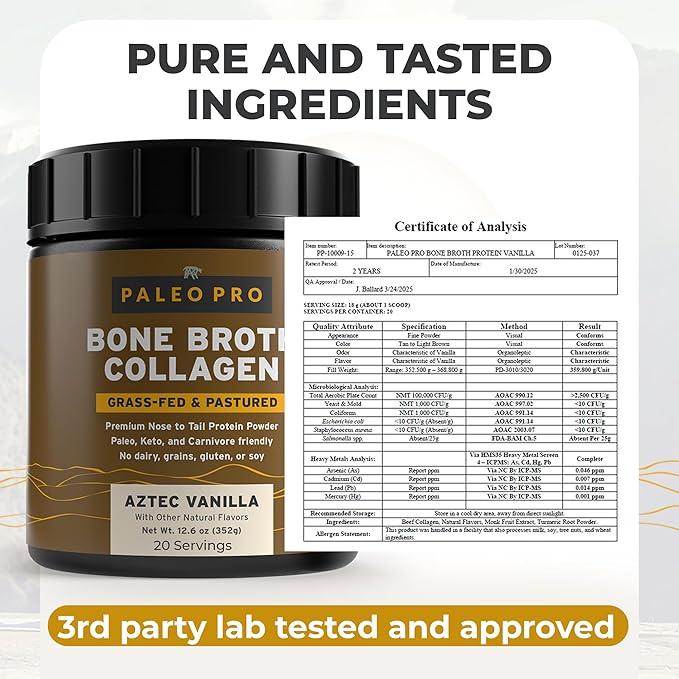 PaleoPro Bone Broth Collagen Protein Powder - Turmeric Root Grass-Fed Collagen Powder for Skin &amp Bones - Gluten Free No Sugar Soy Grains Net Carbs - Paleo Keto Friendly 20 Servings Aztec Vanil
