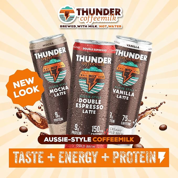 Thunder CoffeeMilk - 11 oz Aussie Style Cold-Brewed Latte Canned Coffee Iced Coffee Cans for Grab &amp Go Natural Protein-Rich 75mg Caffeine Energy Drink in Handy Cold Brew Cans Mocha 12 Pack