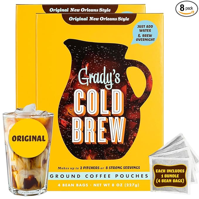 GRADY’S COLD BREW New Orleans Style 100% Arabica Ground Coffee &amp Chicory Pouches TWO Boxes of Four Easy-to-Brew Bean Bags Makes 24 drinks