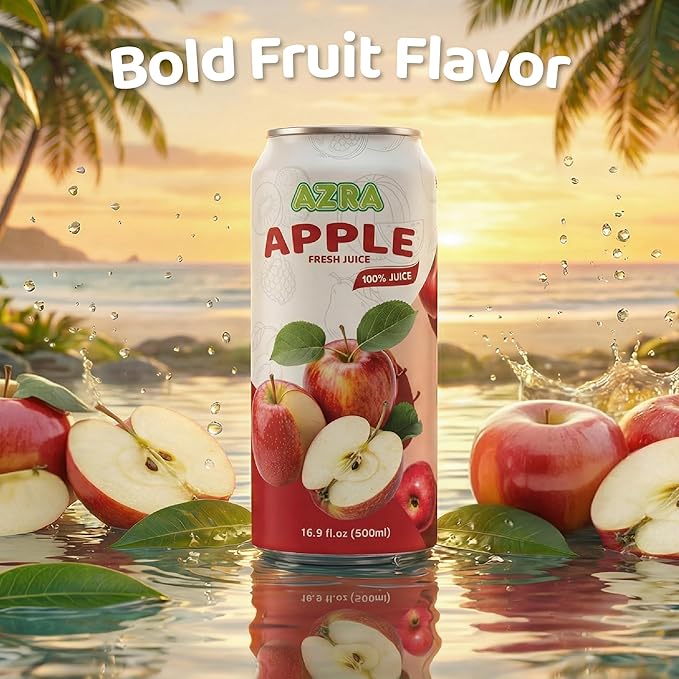 AZRA 100% Apple Juice – Fresh Organic Fruit Taste in 500ml Cans – Zero Sugar Drinks Healthy Beverages Variety Pack for Kids and Adults – Bulk 100% Juice 12 Pack