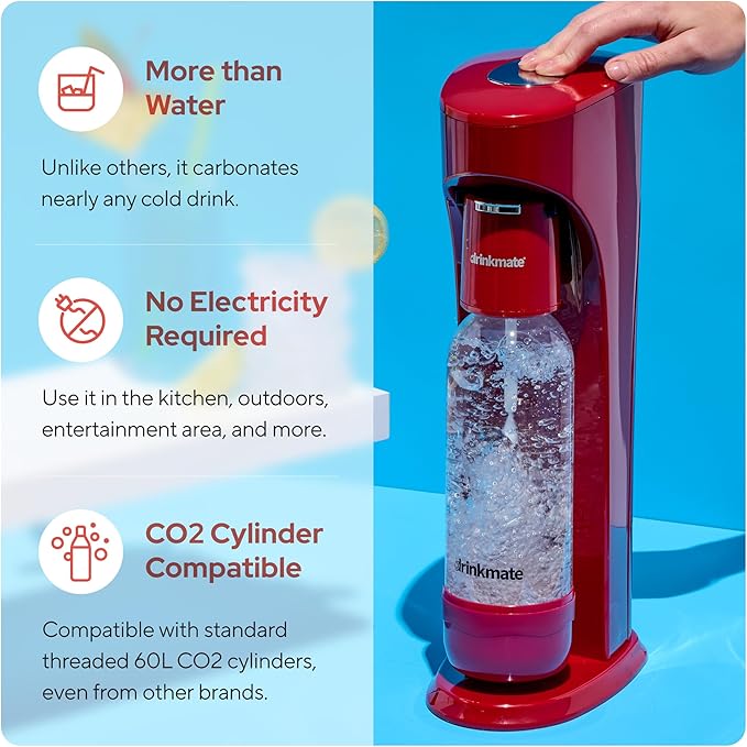 Drinkmate OmniFizz Sparkling Water and Soda Maker Carbonates Any Drink ULTIMATE BUNDLE - Includes three 60L CO2 Cylinders Two Carbonation Bottles and Fizz Infuser (Royal Red)
