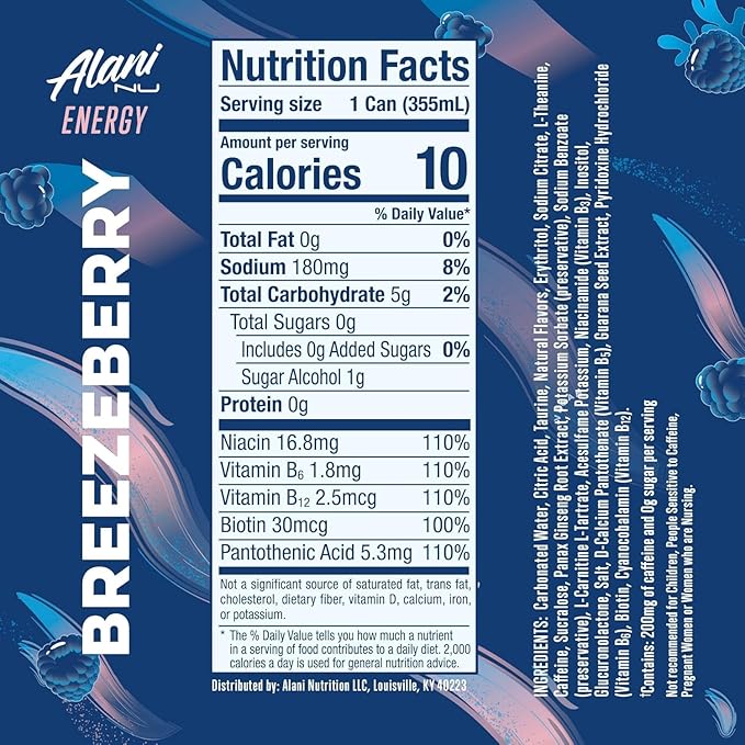 New Alani Energy Drinks Strawberry Sunrise Watermelon Wave Breezeberry Flavors - Variety Pack Sugar-Free Low-Calorie Energy Boost Drink 12 fl oz (Pack of 6)