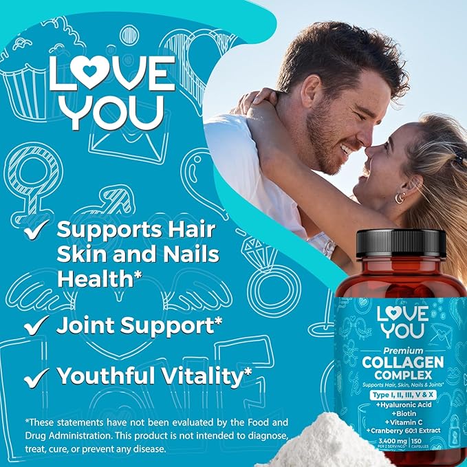 Love You Premium Collagen Complex – Types I II III V &amp X – Hair Skin Nails Joints &amp Gut Support – Hydrolyzed Bovine Collagen Peptides – Grass-Fed Non-GMO 120 Capsules USA Made