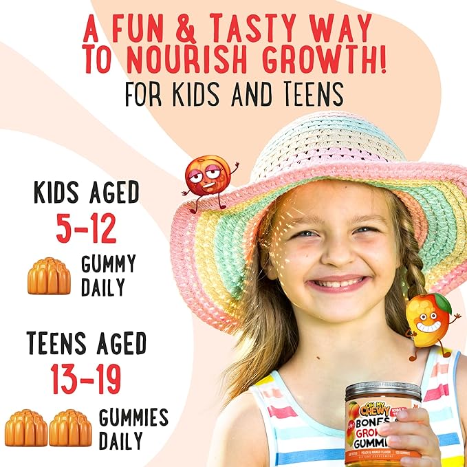 Height Growth Vitamin Gummies for Kids &amp Teens - Growing Up and Bones Support for Supplement with Calcium Zinc Vitamin D3 K2 Spirulina and Astragalus – Peach &amp Mango 60 CT