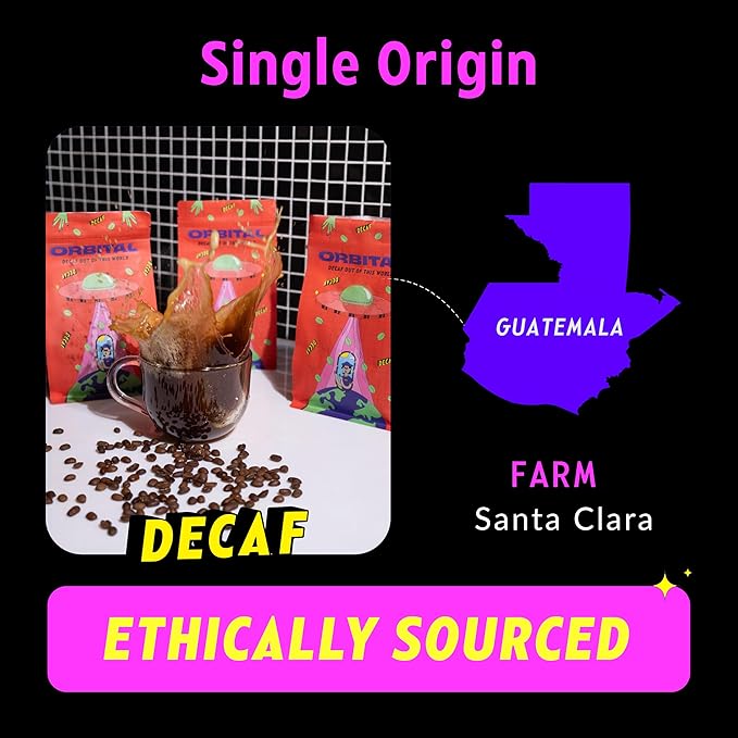 Orbital Cozy Space Decaf Coffee – Medium Roast Whole Bean Swiss Water Process Single Origin Guatemala – Smooth Non-Bitter Low Acid Clean &amp Chemical-Free Decaf for Evening Relaxation 12oz