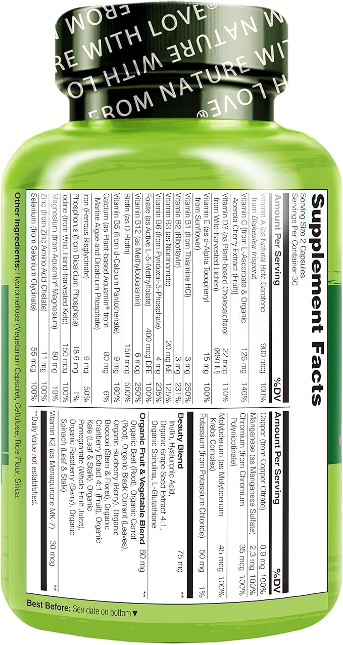 NATURELO Whole Food Beauty Multivitamin 60 Count Collagen Peptide Powder 45 Servings