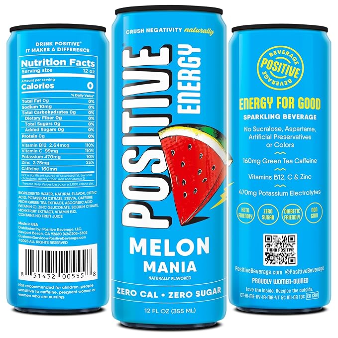 Positive Energy Beverage | Melon Mania | 12-oz Can Pack of 12 | Zero Sugar Energy Drink Supports Immunity and Hydration