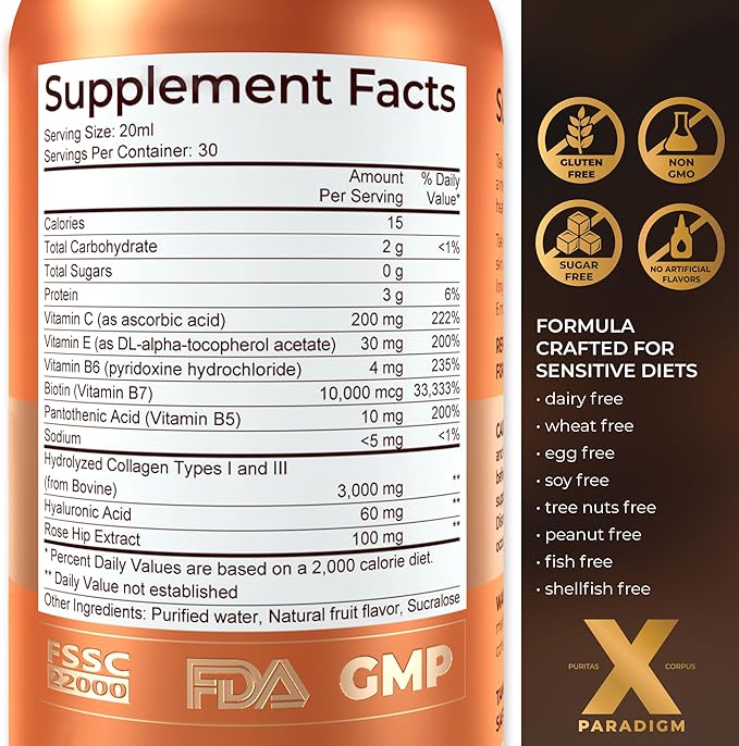 Liquid Collagen Peptides with Biotin &amp Hyaluronic Acid - Hydrolyzed Bovine Collagen Type 1 and 3 Biotin 10000mcg Vitamins B5 B6 C &amp E - Orange Flavor