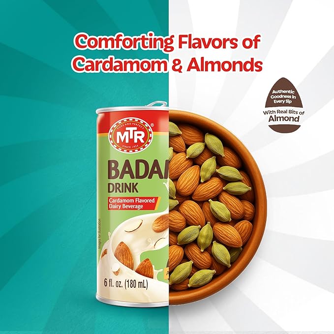 MTR Badam Drink - Cardamom Flavored Ready-to-Drink - Authentic Indian Almond Milk Beverage Real Bits of Almond No Added Preservatives Gluten-Free Refreshing Drink Perfect for Anytime Refreshment
