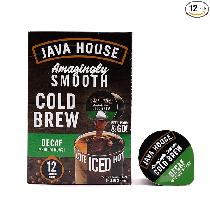 Java House Single-Serve Cold Brew Coffee Pods – Premium 100% Arabica Liquid Concentrate – Smooth &amp Bold Decaf Roast – 12 Pods – Ready Hot or Iced Travel-Friendly TSA Approved