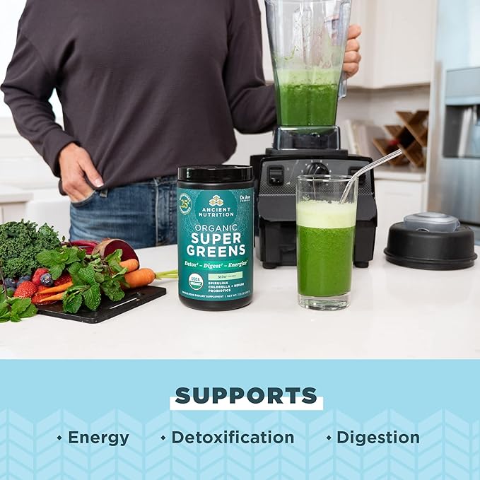 Ancient Nutrition SuperGreens Powder with Probiotics Organic Peppermint Flavor Greens Made from Real Fruits Vegetables and Herbs for Digestive and Energy Support 25 Servings 7.23oz