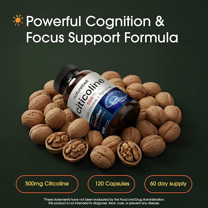 NatureBell Citicoline 500mg - 120 Capsules - Brain Function Support for Adults - Memory &amp Focus Aid with CDP Choline &amp Tyrosine - Fast-Absorbing Formula* - Non-GMO &amp Gluten-Free