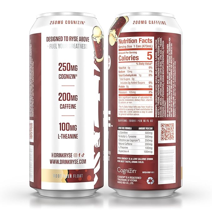 RYSE Fuel Energy Drink - Root Beer Float - Sugar Free - 200mg Natural Caffeine New Formula to Supports Cognitive Health &amp Improves Focus - No Artificial Colors - 16 fl oz Cans (12-Pack)